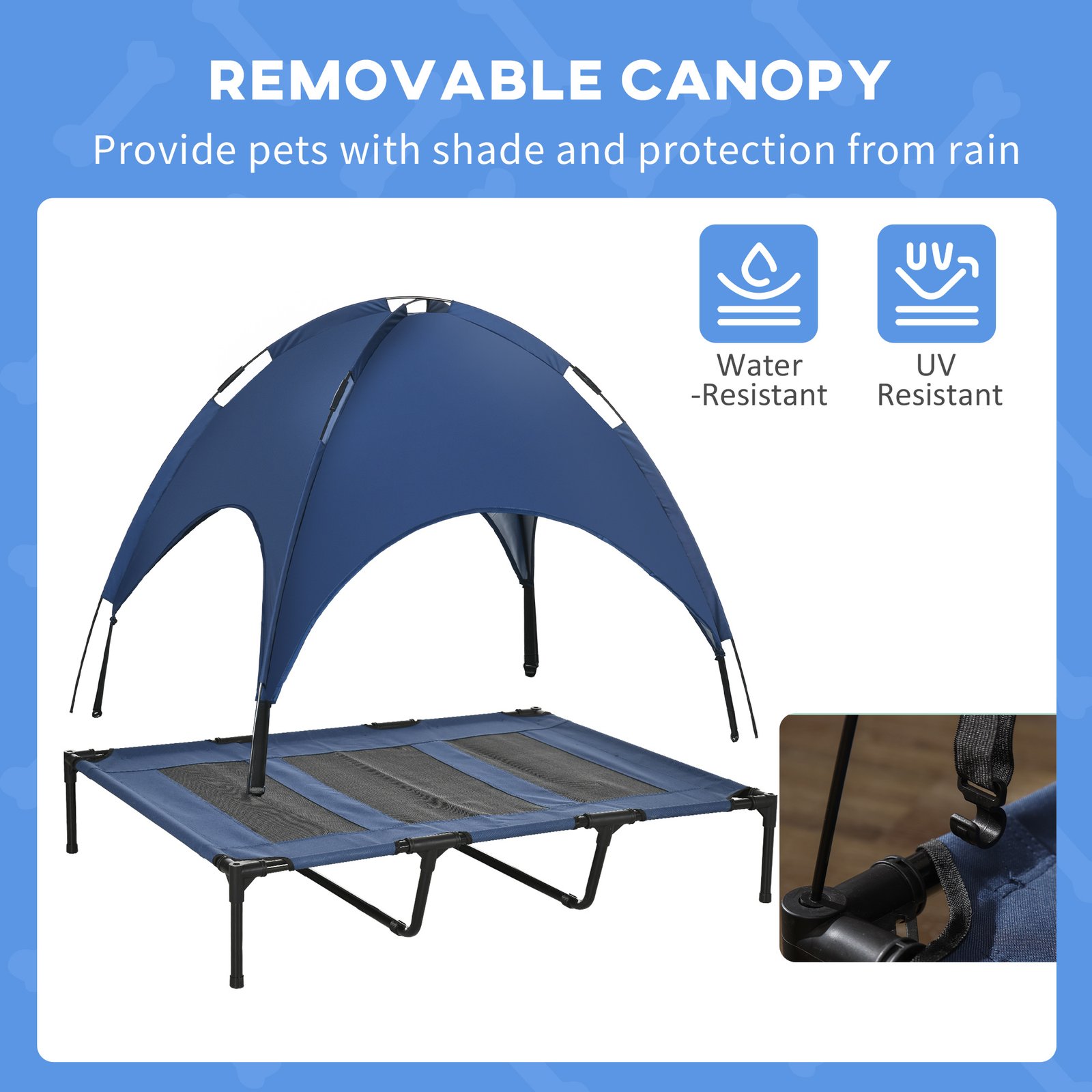 PawHut Outdoor Dog Bed with Removable Canopy, Portable Raised Dog Bed for Camping, Garden & Beach, Water-Resistant UV-Protection Mesh Pet Cot Sun Lounger, for XL Pets, 122 x 92 x 108 cm, Dark Blue - Image 6
