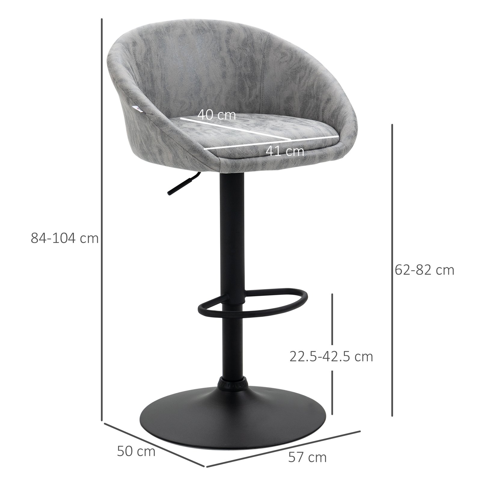 HOMCOM Modern Bar Stools Set of 2, Height Adjustable Swivel Barstools, PU Leather Upholstered Bar Chair with Backrest, Armrests and Footrest for Breakfast Bar, Counter, Kitchen, Light Grey - Image 3