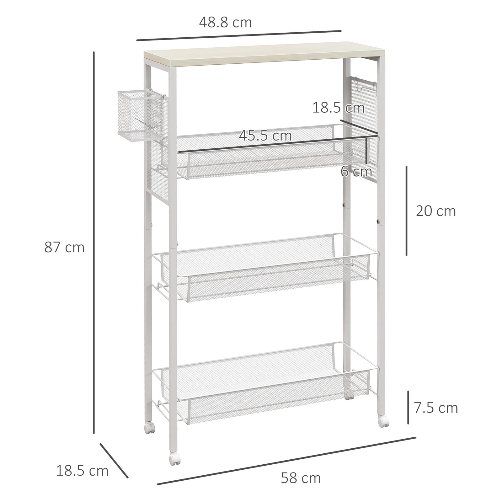 HOMCOM 3-Tier Kitchen Cart with 3 Steel Wire Baskets - White - Image 3