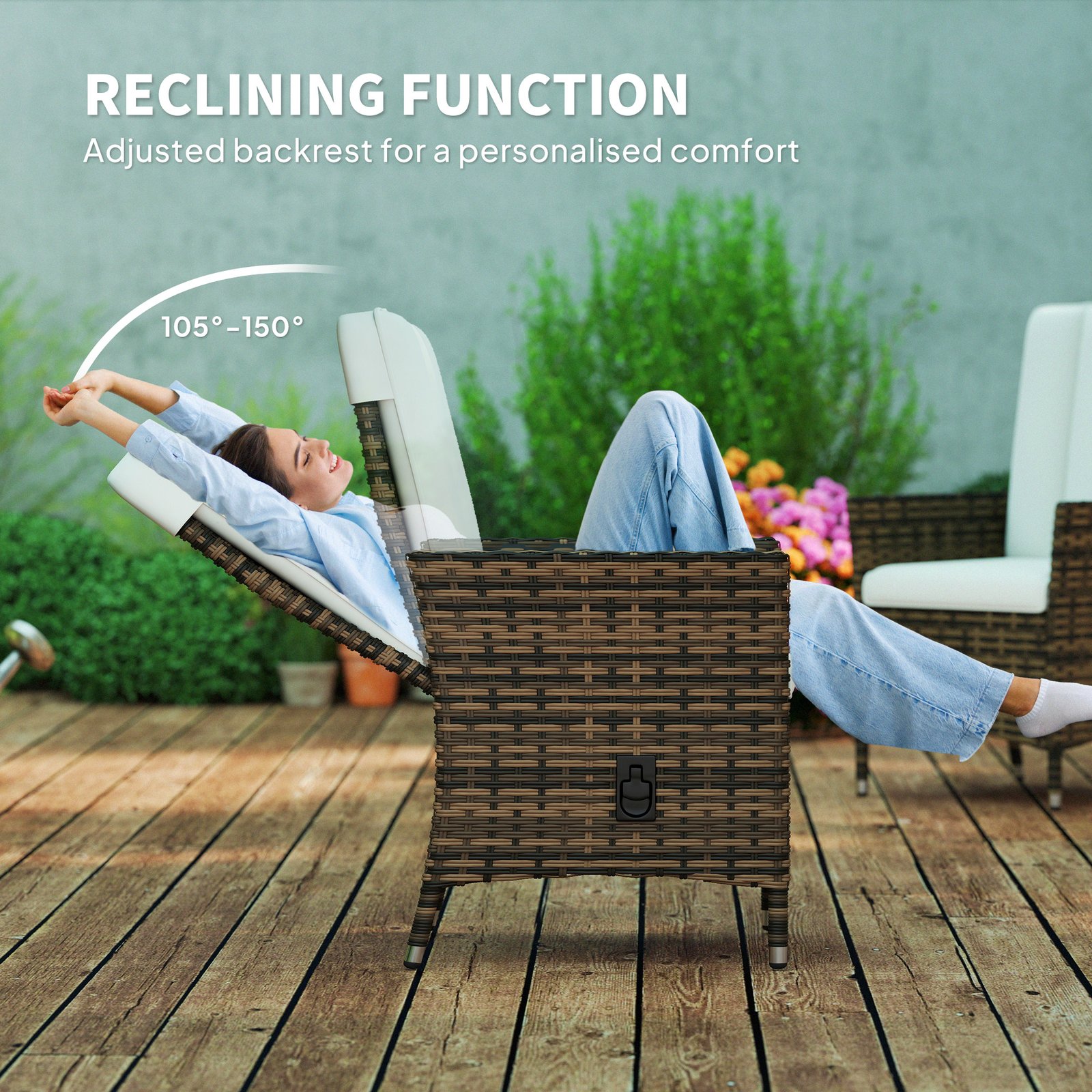 Outsunny 105°-150° Reclining Rattan Chair - Cream - Image 4