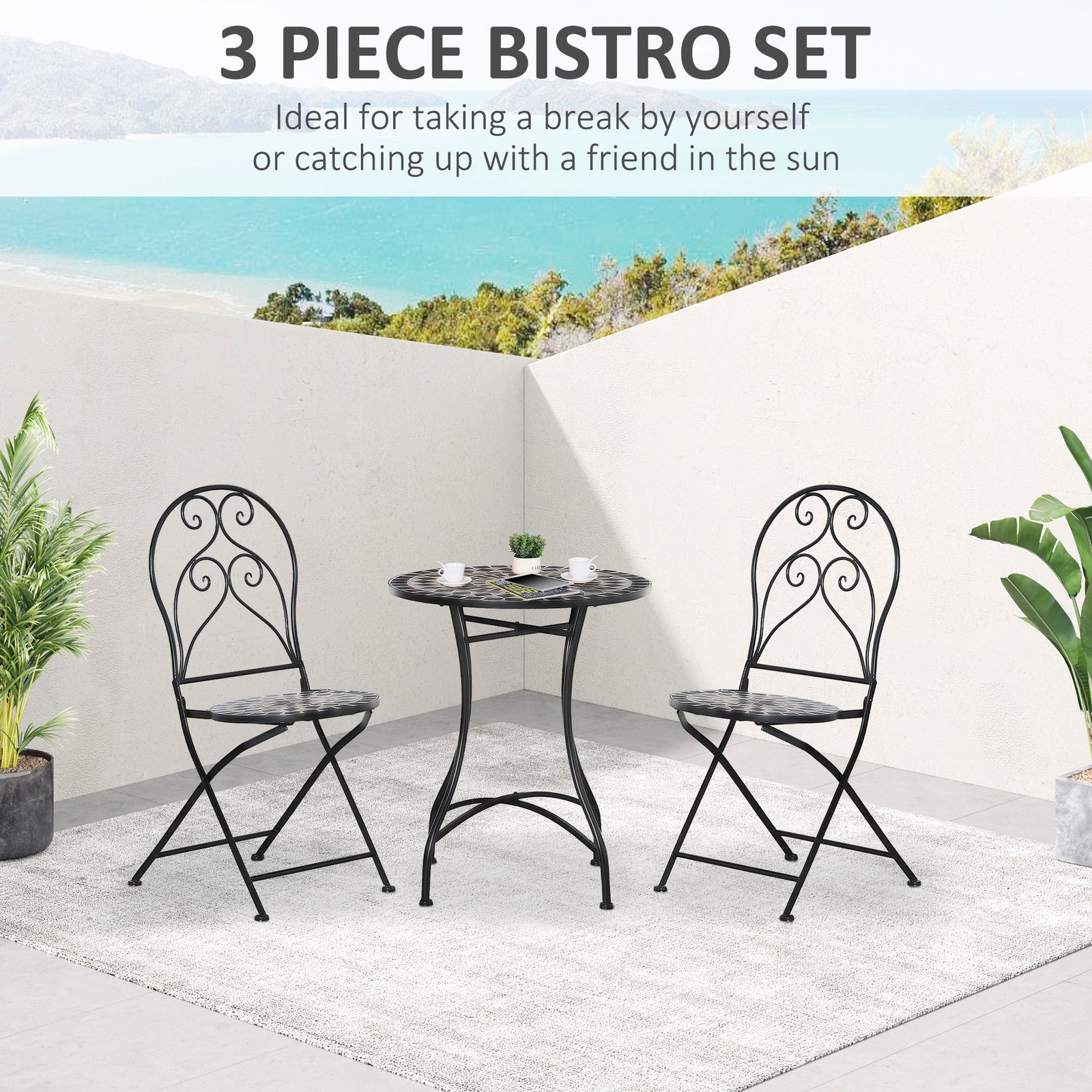 Outsunny 3 Pieces Garden Bistro Set with Coffee Table and 2 Folding Single Chairs, Mosaic Garden Table Top and Seats, Metal Frame, for Patio Balcony, Black - Image 4