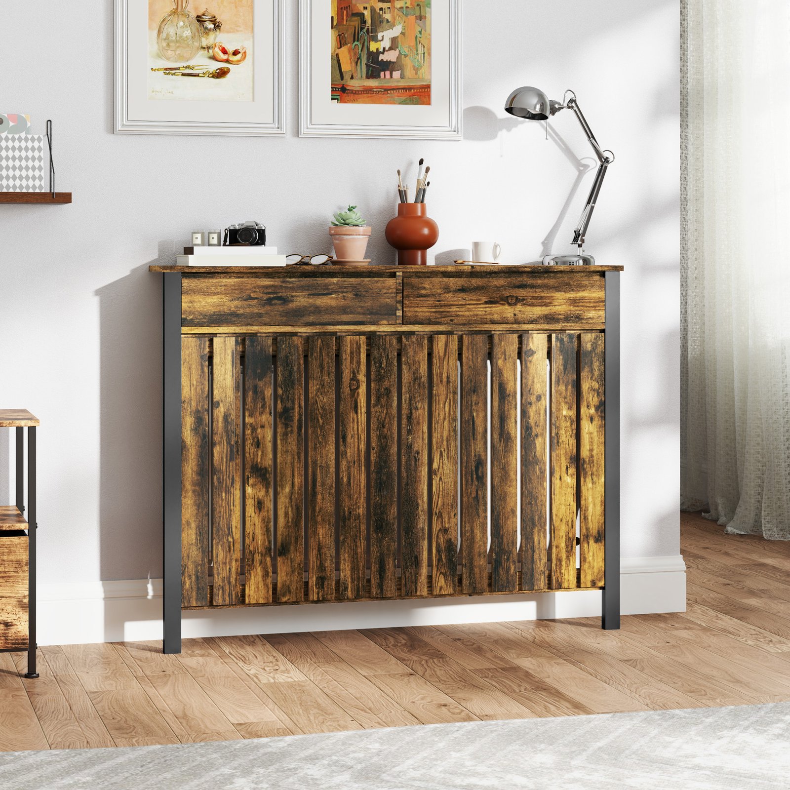HOMCOM 93 x 119cm Rustic-Look Radiator Cover - Brown/Black - Image 2