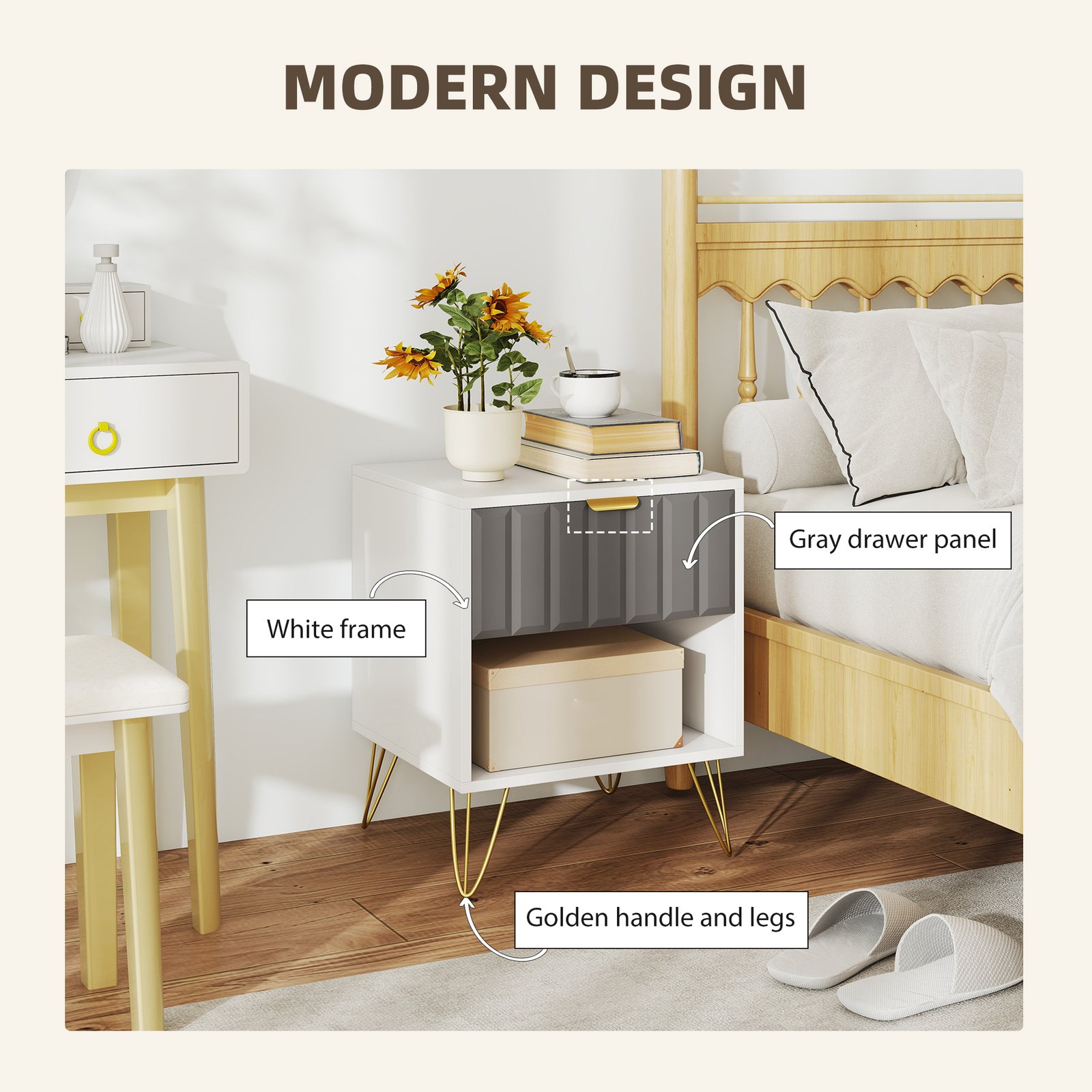 HOMCOM Bedside Table Modern Bedside Cabinet with Drawer and Open Compartment, 45 x 40 x 55, White - Image 6