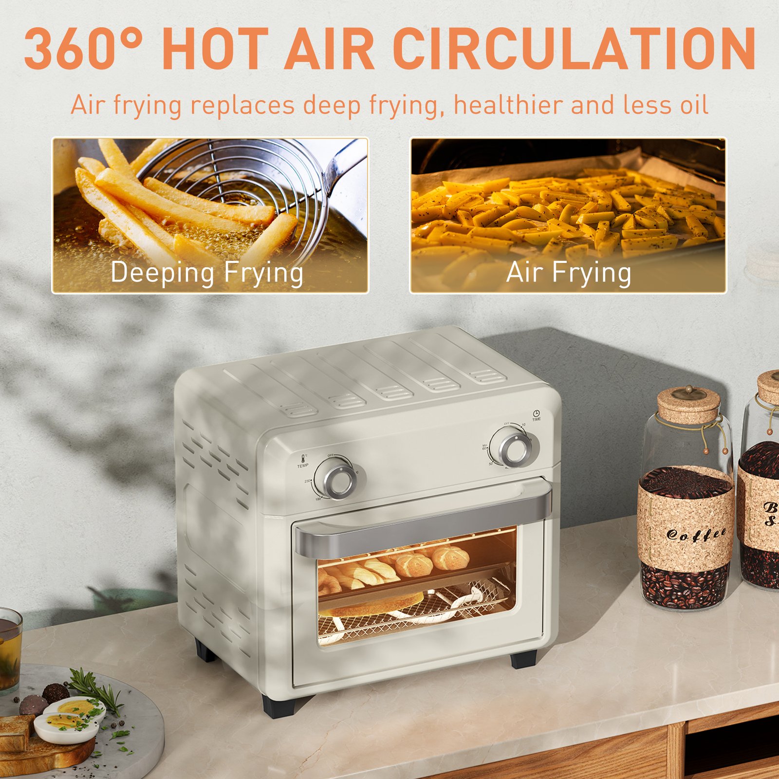 HOMCOM 10L Air Fryer Oven, Mini Oven, Oil Free Cooking, Grill, Roast, Bake, with Adjustable Temperature, Timer, Dishwasher Safe, 1000W, Cream White - Image 7