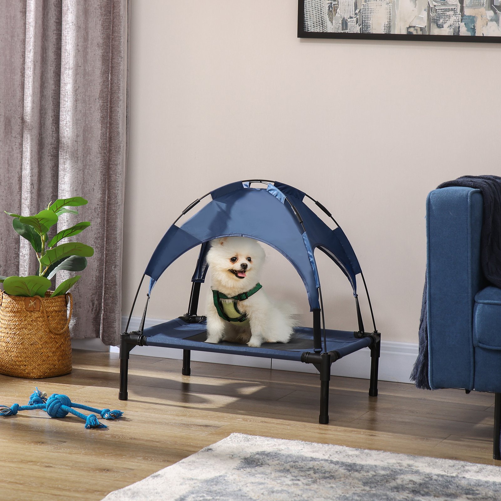 PawHut Outdoor Dog Bed with Removable Canopy, Portable Raised Dog Bed for Camping, Garden & Beach, Water-Resistant UV-Protection Mesh Pet Cot Sun Lounger, for Small Pets, 61 x 46 x 62 cm, Dark Blue - Image 2