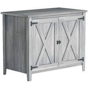 Outsunny Wooden Garden Shed, Outdoor Fir Wood Storage Shed with Shelf and Double Doors, Light Grey