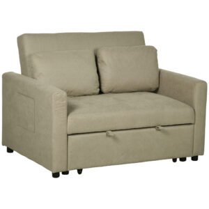 HOMCOM Loveseat Sofa Bed, Convertible Bed Settee with 2 Pillows, Side Pockets, Light Brown