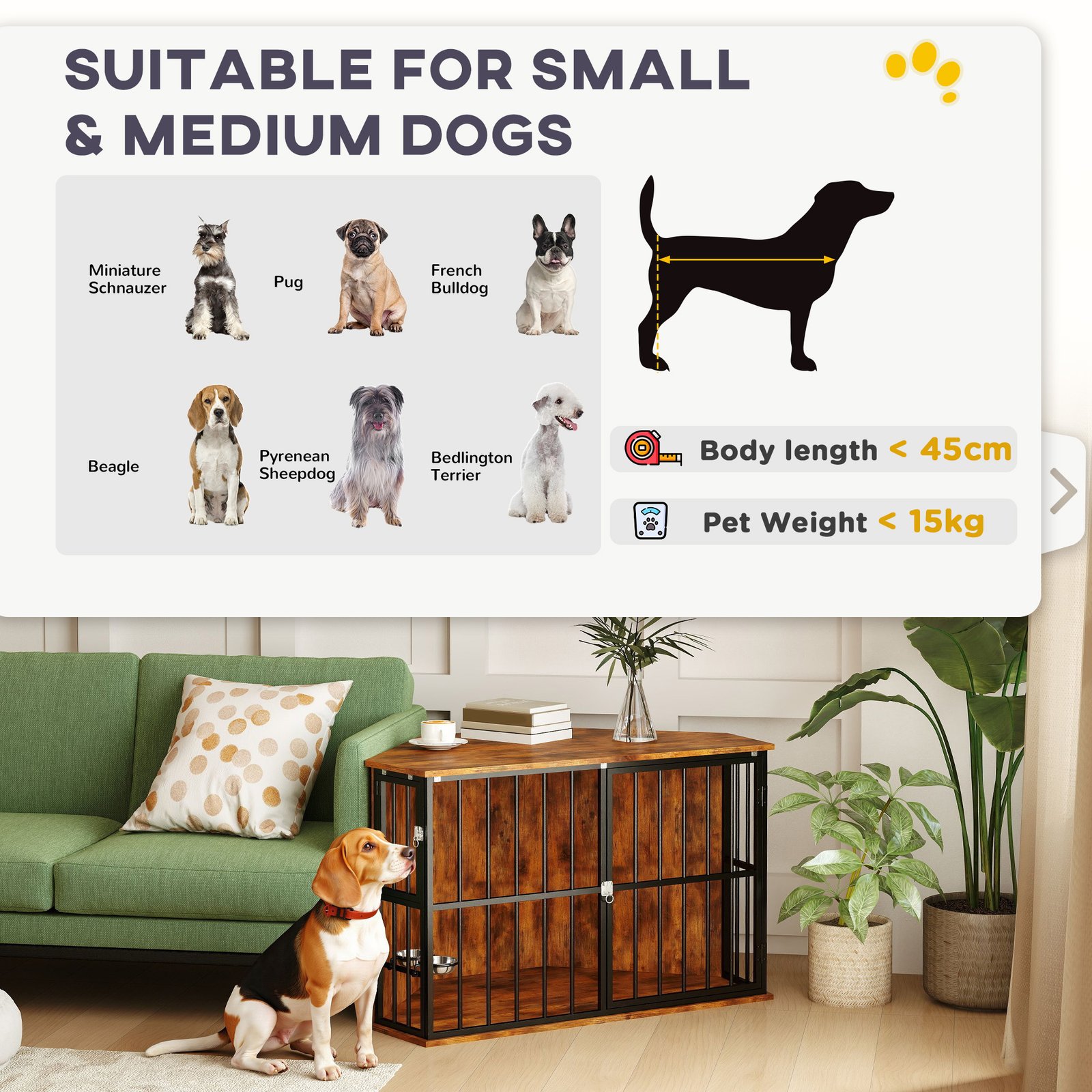 PawHut Corner Dog Crate Furniture with Two Bowls, Lockable Doors, for Small, Medium Dogs, Rustic Brown - Image 9
