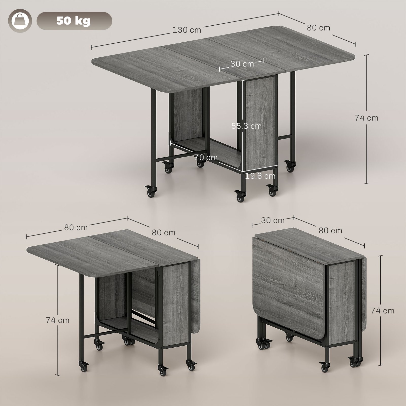 HOMCOM Six-Person Drop Leaf Dining Table - Grey/Black - Image 3