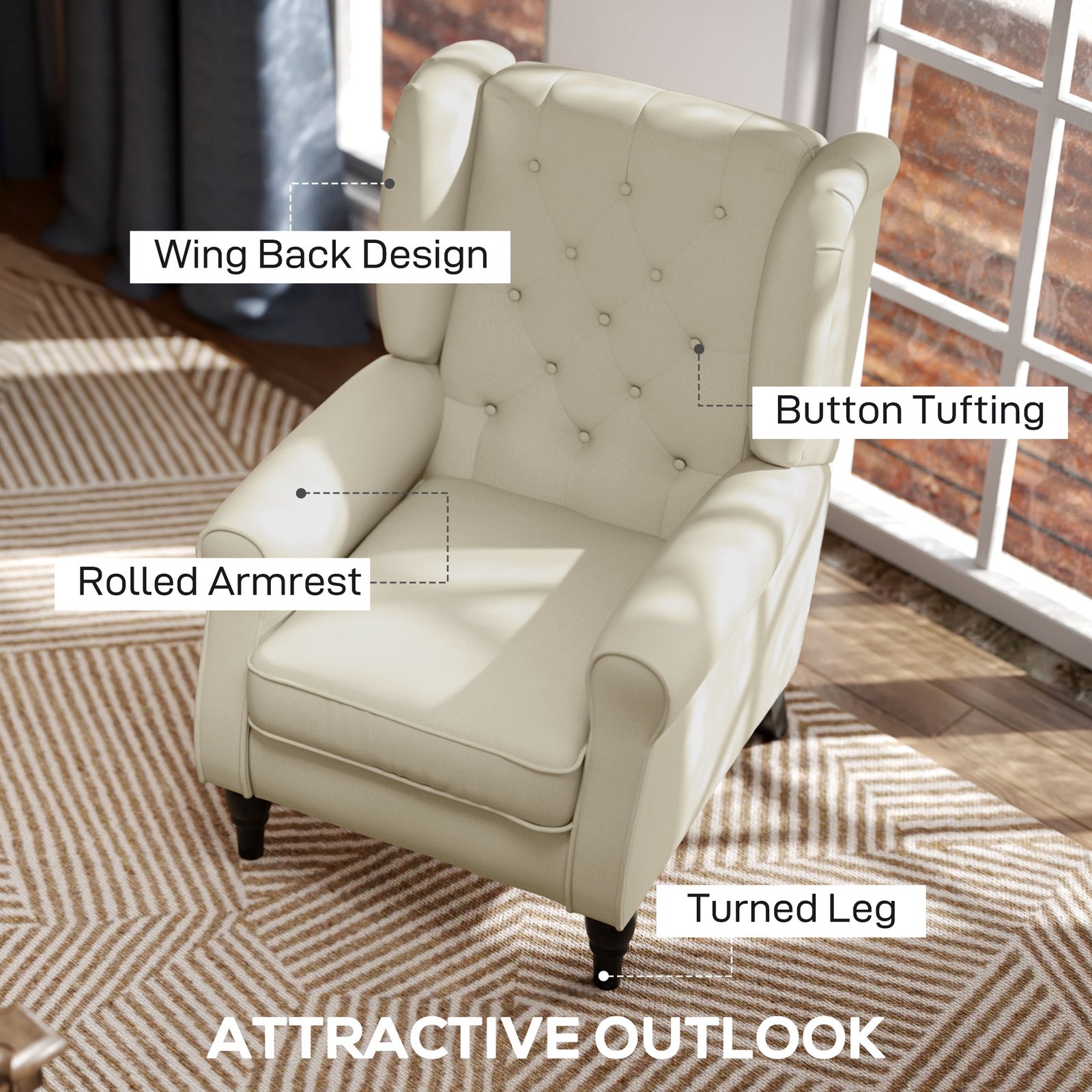 HOMCOM Wingback Accent Chair, Retro Upholstered Button Tufted Occasional Chair for Living Room and Bedroom, Cream White - Image 4