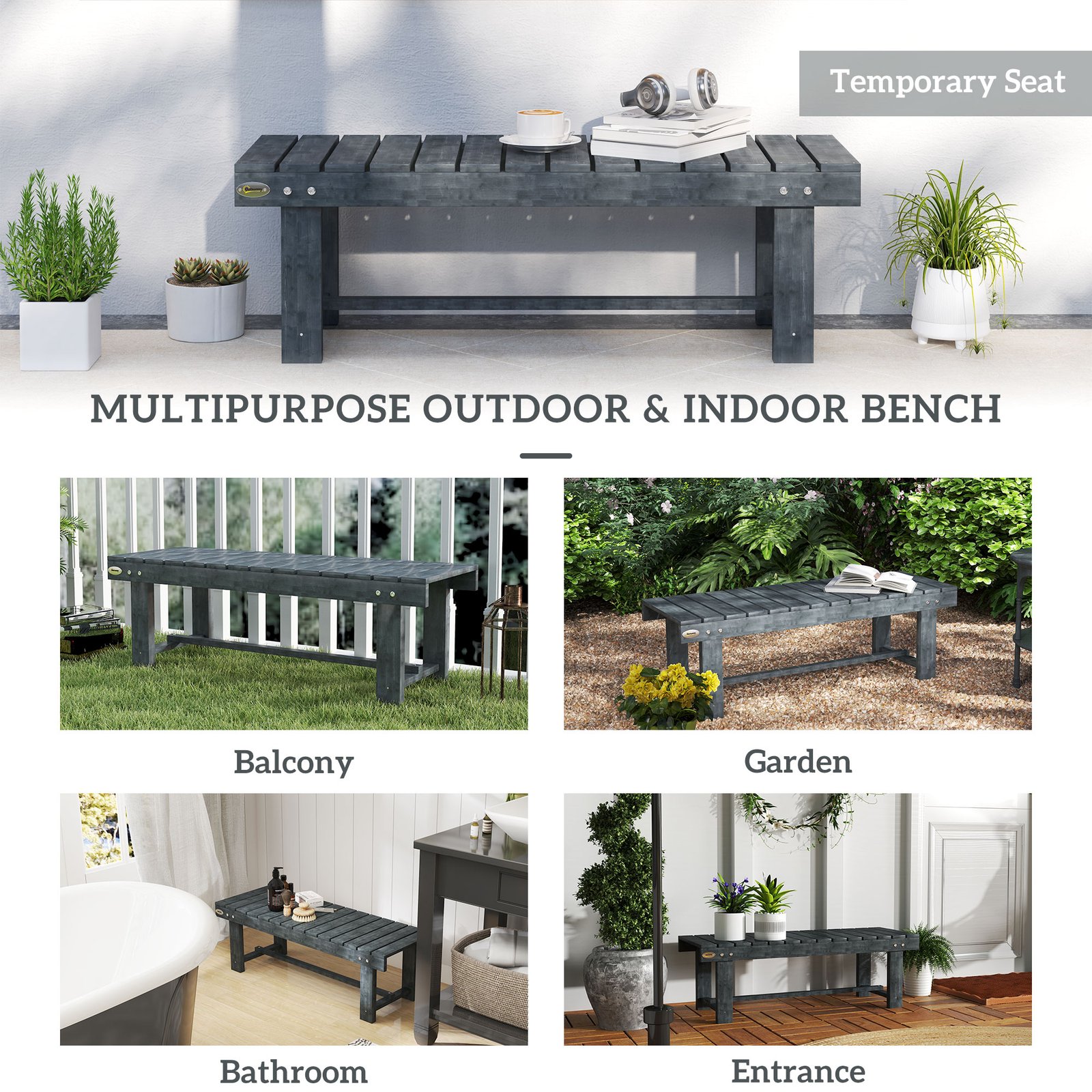 Outsunny 2-Seater Garden Wooden Bench, Grey - Image 7