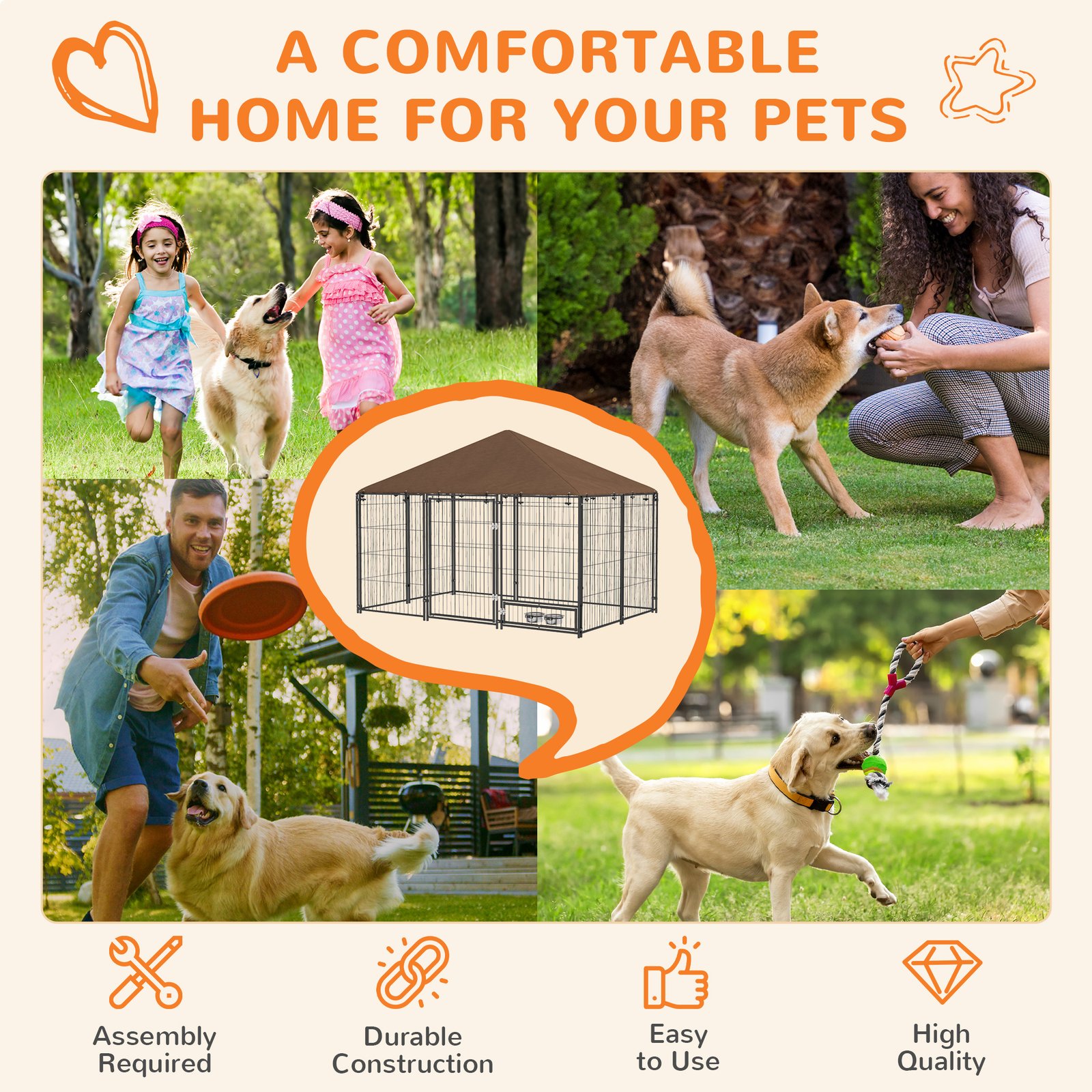 PawHut Outdoor Dog Kennel Puppy Play Pen with Canopy Garden Playpen Fence Crate Enclosure Cage Rotating Bowl 211 x 141 x 151 cm - Image 4