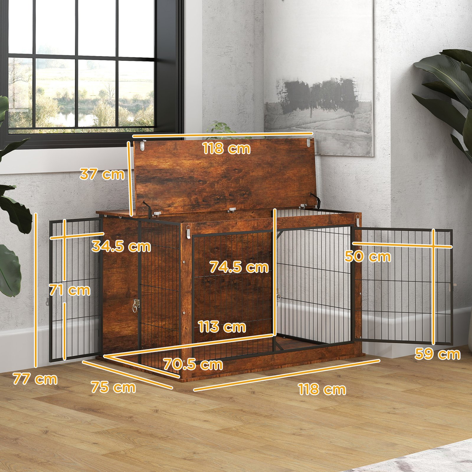 PawHut 46.46'' Dog Crate Furniture with Openable Top, Two Lockable Doors, for Extra Large Dogs, Rustic Brown - Image 3