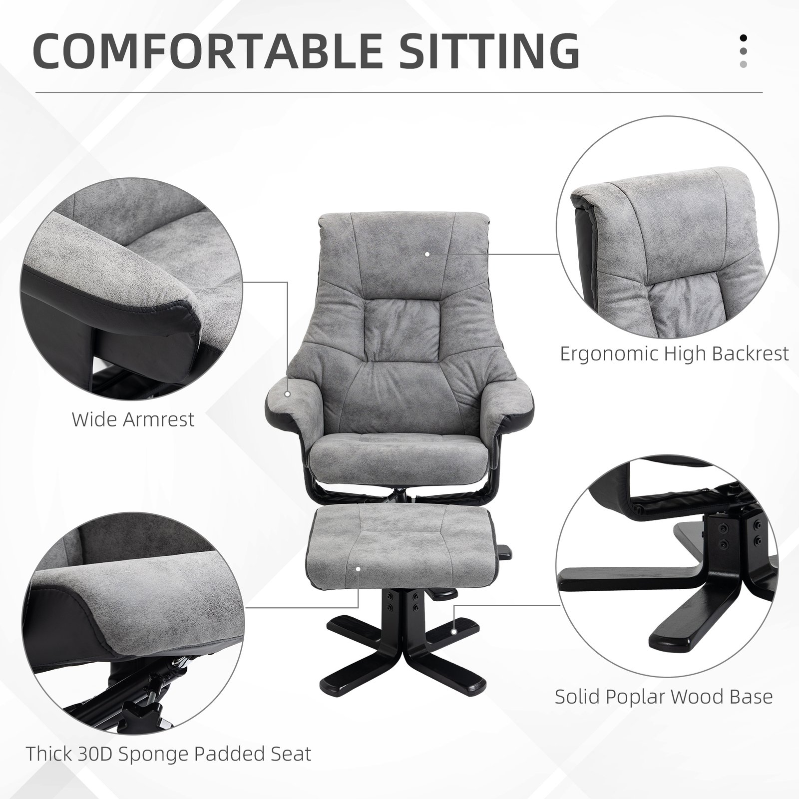 HOMCOM Fabric Recliner Sofa Armchair with footstool Swivel Sofa Grey - Image 7