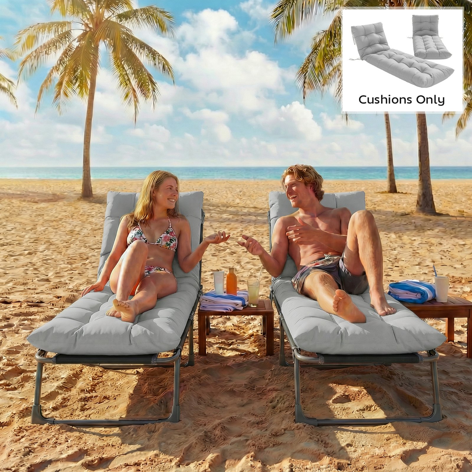 Outsunny Sun Lounger Cushions Only, Garden Lounge Chair Cushions Set of 2, Sunbed Replacement Pads with 4 Ties, Light Grey - Image 9