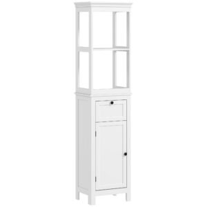 HOMCOM Tall Bathroom Cabinet, Slim Bathroom Storage Cabinet with 2 Open Shelves, Soft Close Door and Drawer, Adjustable Shelf, Narrow Cupboard Storage Unit, White