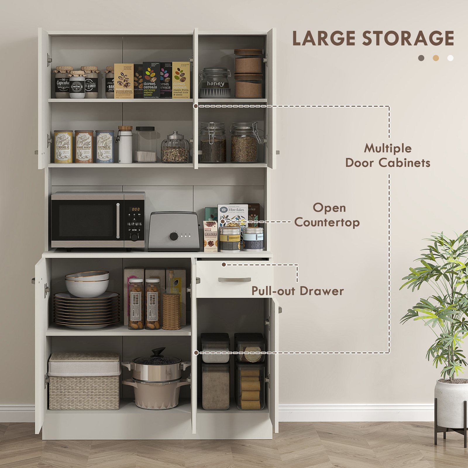 HOMCOM Freestanding Kitchen Pantry Storage Cabinet with Adjustable Shelves & Middle Worktop - White - Image 4