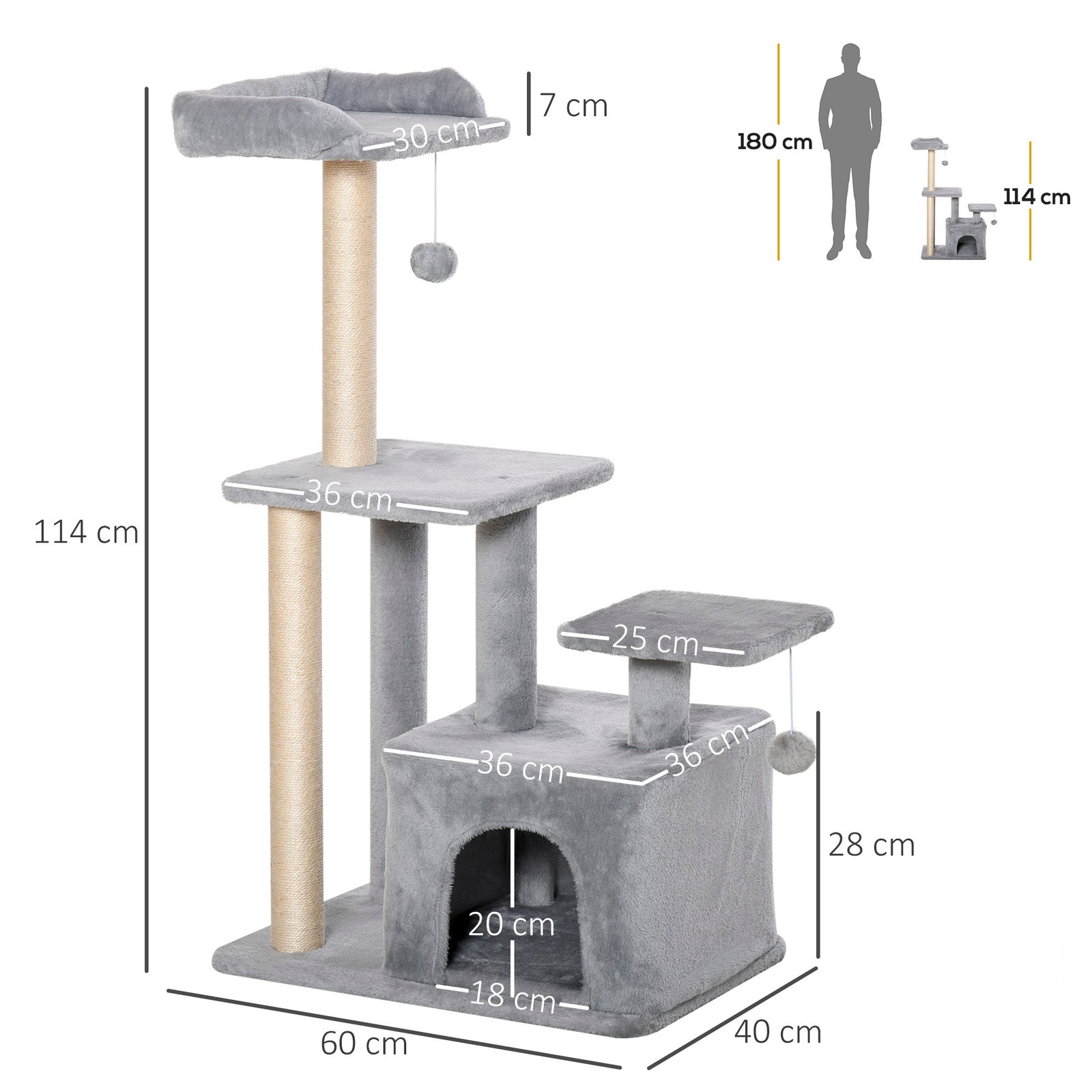 PawHut Cat Tree Tower for Indoor Cats 114cm Climbing Activity Centre Kitten with Sisal Scratching Post Perch Hanging Ball Condo Toy Light Grey - Image 3