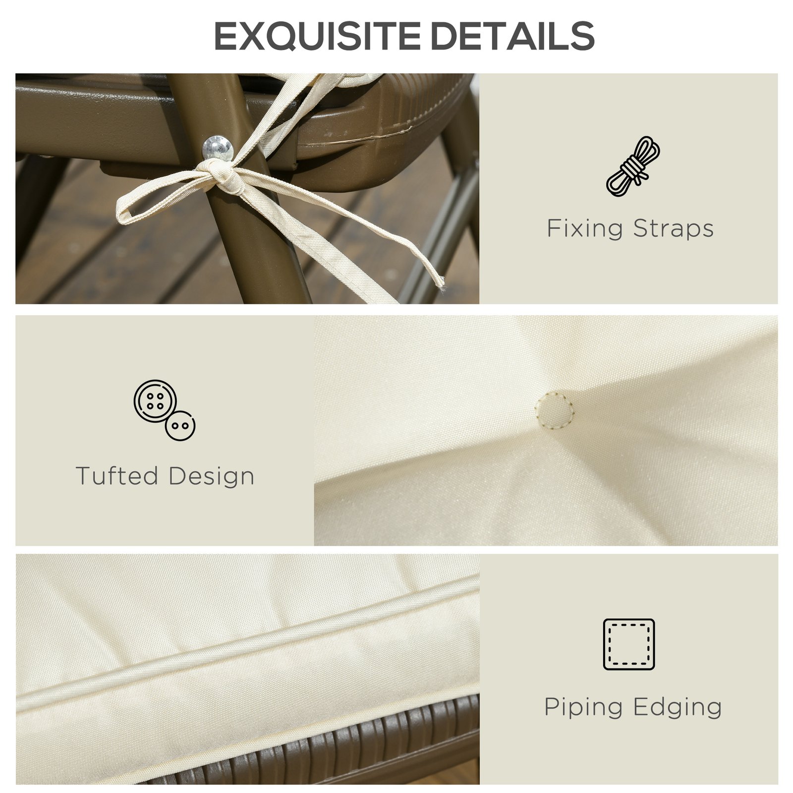 Outsunny Set of 4 Garden Seat Cushion with Ties, 42 x 42cm Replacement Dining Chair Seat Pad, Cream White - Image 6