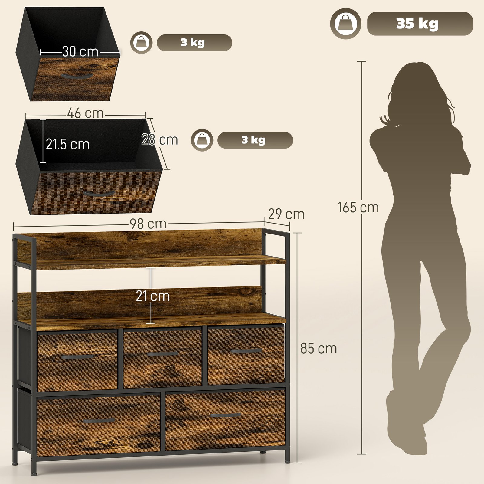 HOMCOM Rustic Chest of Five Fabric Drawers - Rustic Brown - Image 3