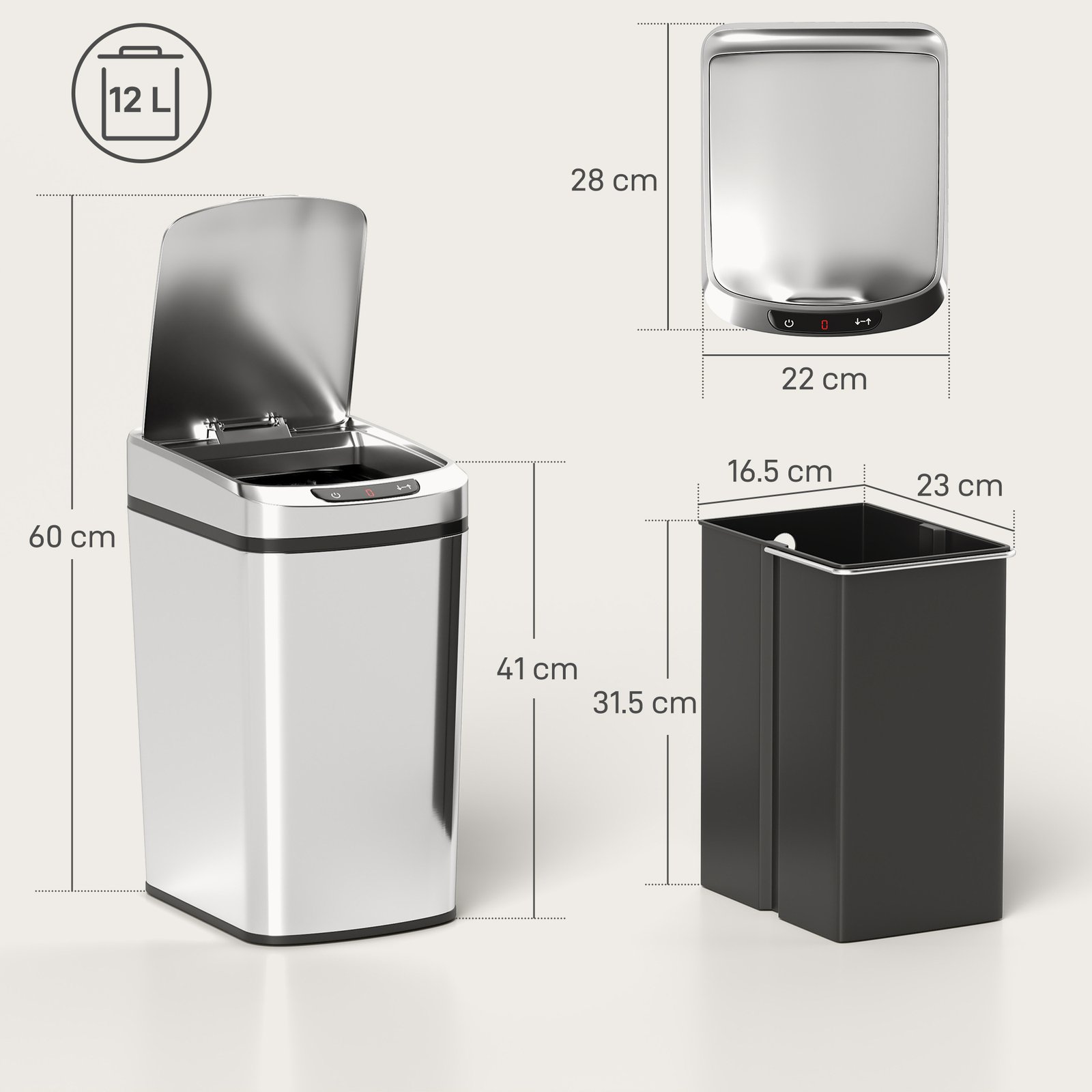 HOMCOM 12L Sensor Bin, Automatic Touchless Motion Sensor Kitchen Bin with Fingerprint Resistant Stainless Steel, Silver - Image 3