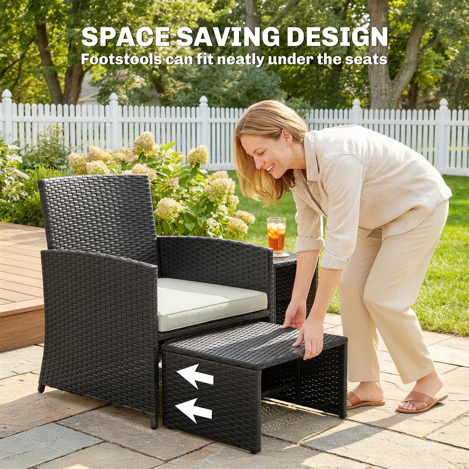 Outsunny 6 Piece Rattan Garden Furniture, Space-Saving Patio Furniture Set with Nesting Tables, Chairs, Stools, Cushions, Black - Image 4