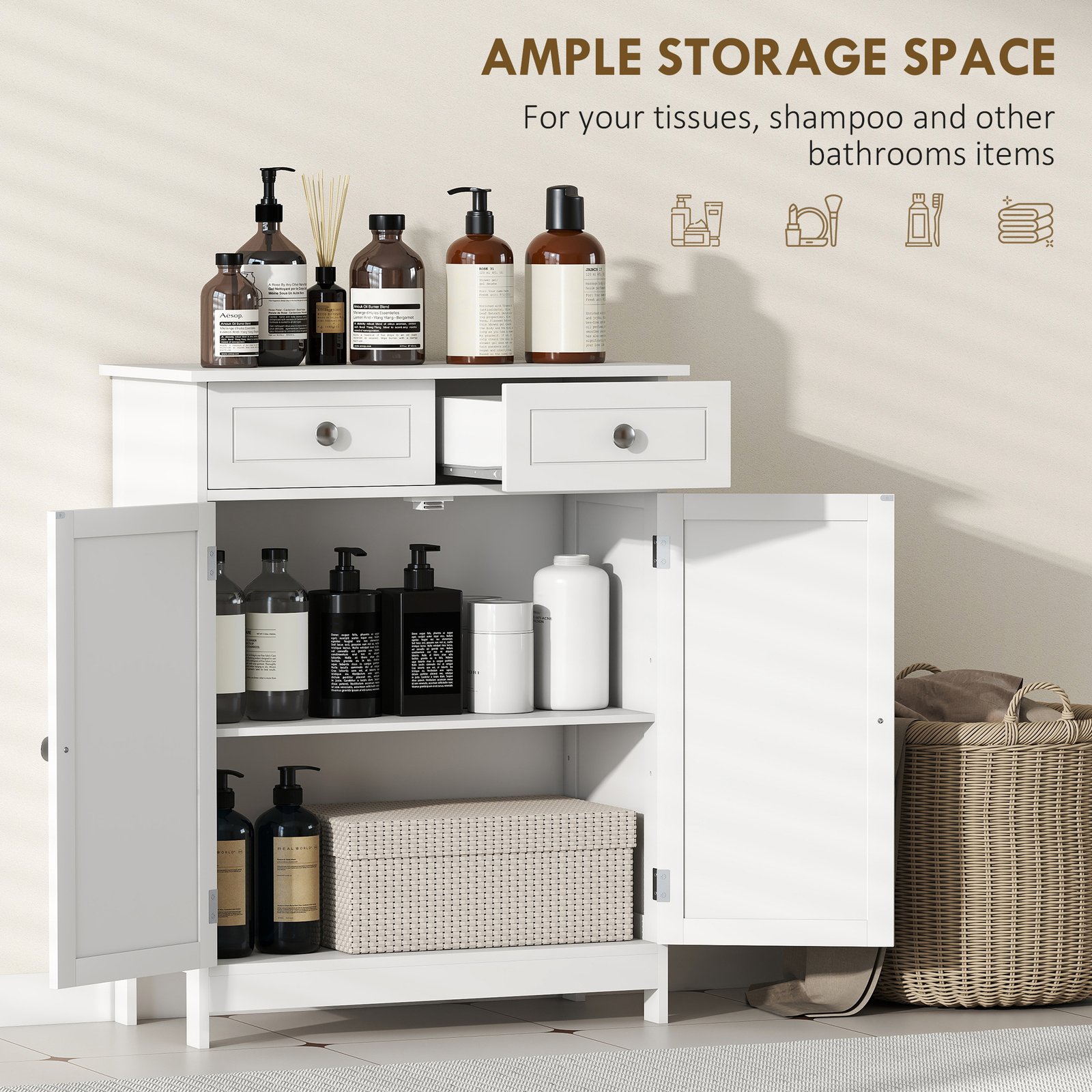 kleankin 75x60cm Freestanding Bathroom Storage Cabinet Unit w/ 2 Drawers Cupboard Adjustable Shelf Metal Handles Traditional Style White - Image 4