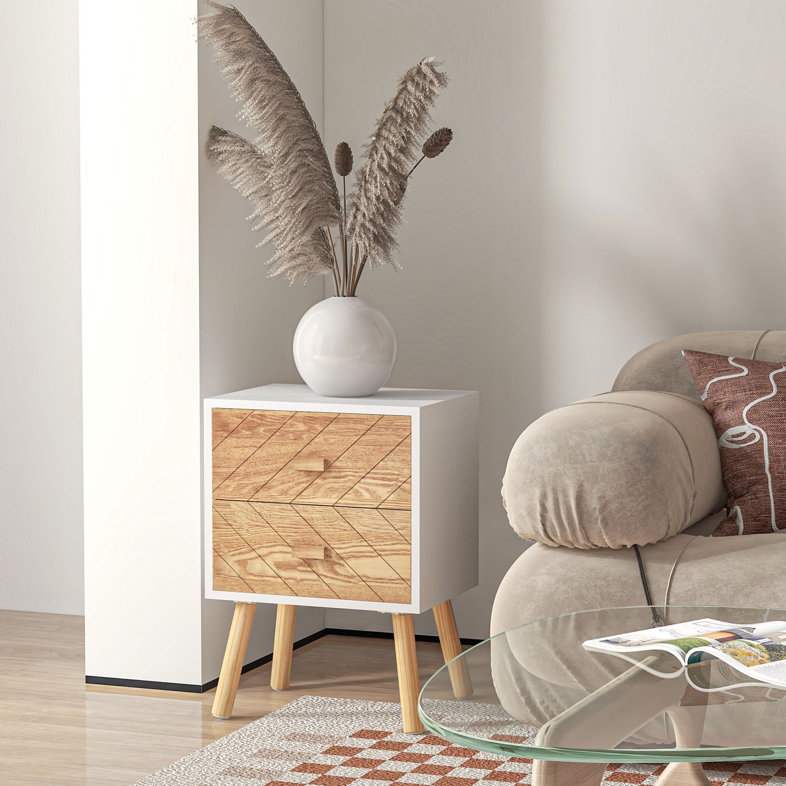 HOMCOM 2 Drawers Bedside Table with Pine Legs, Bedroom Wooden Storage Cabinet, Set of 2, Natural - Image 7