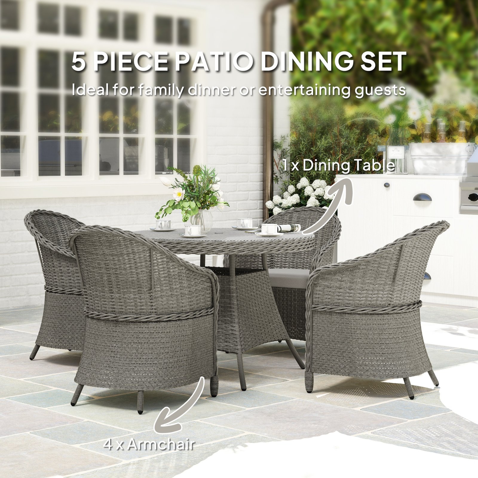 Outsunny 4 Seater Rattan Garden Furniture Set with Cushions, Round PE Rattan Dining Set with Glass-Top Table, Umbrella Hole, Outdoor Garden Table and Chairs, Grey - Image 4