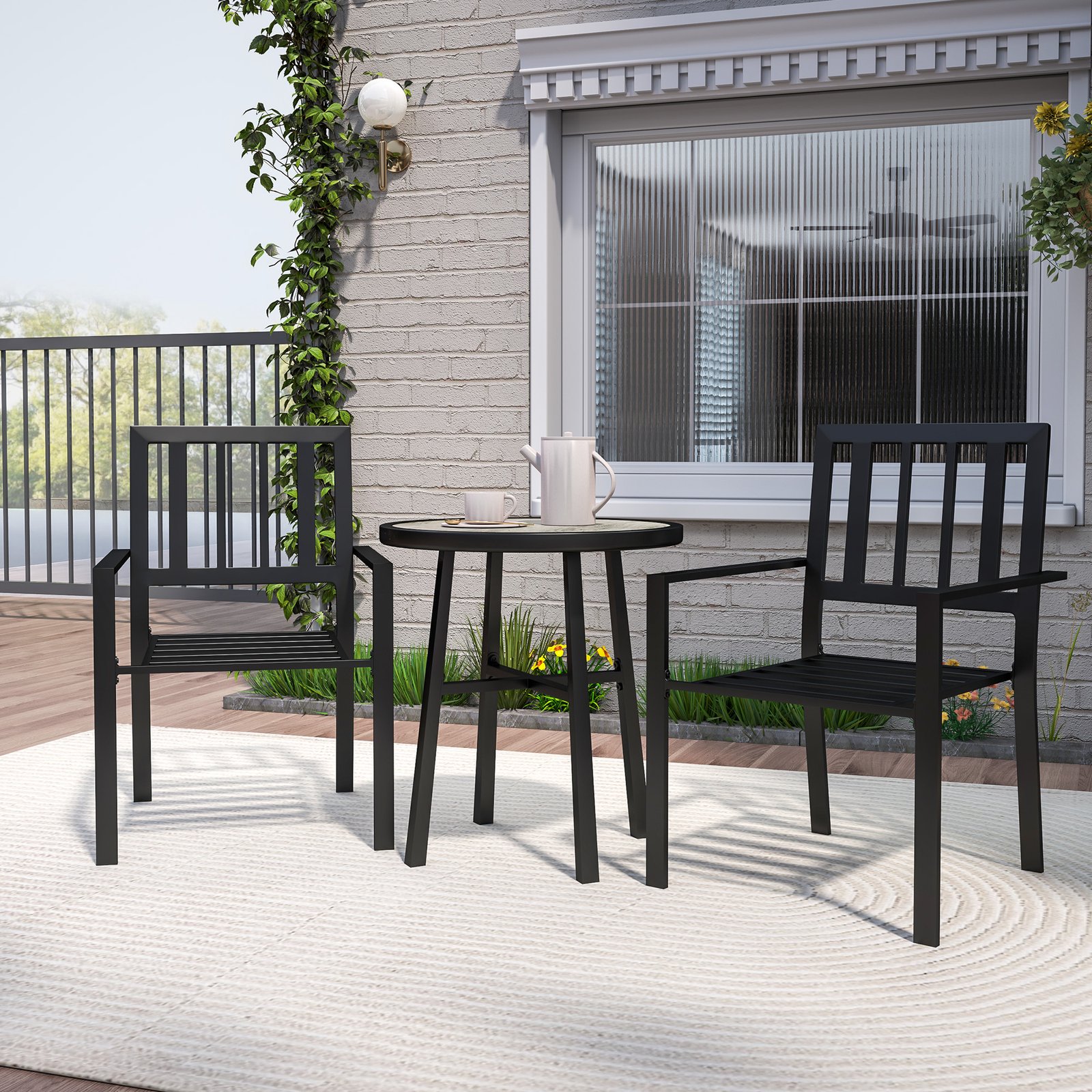 Outsunny 3 Piece Patio Bistro Set with Plastic Top, 2 Stackable Chairs, Galvanised Steel Frame, Grey - Image 8