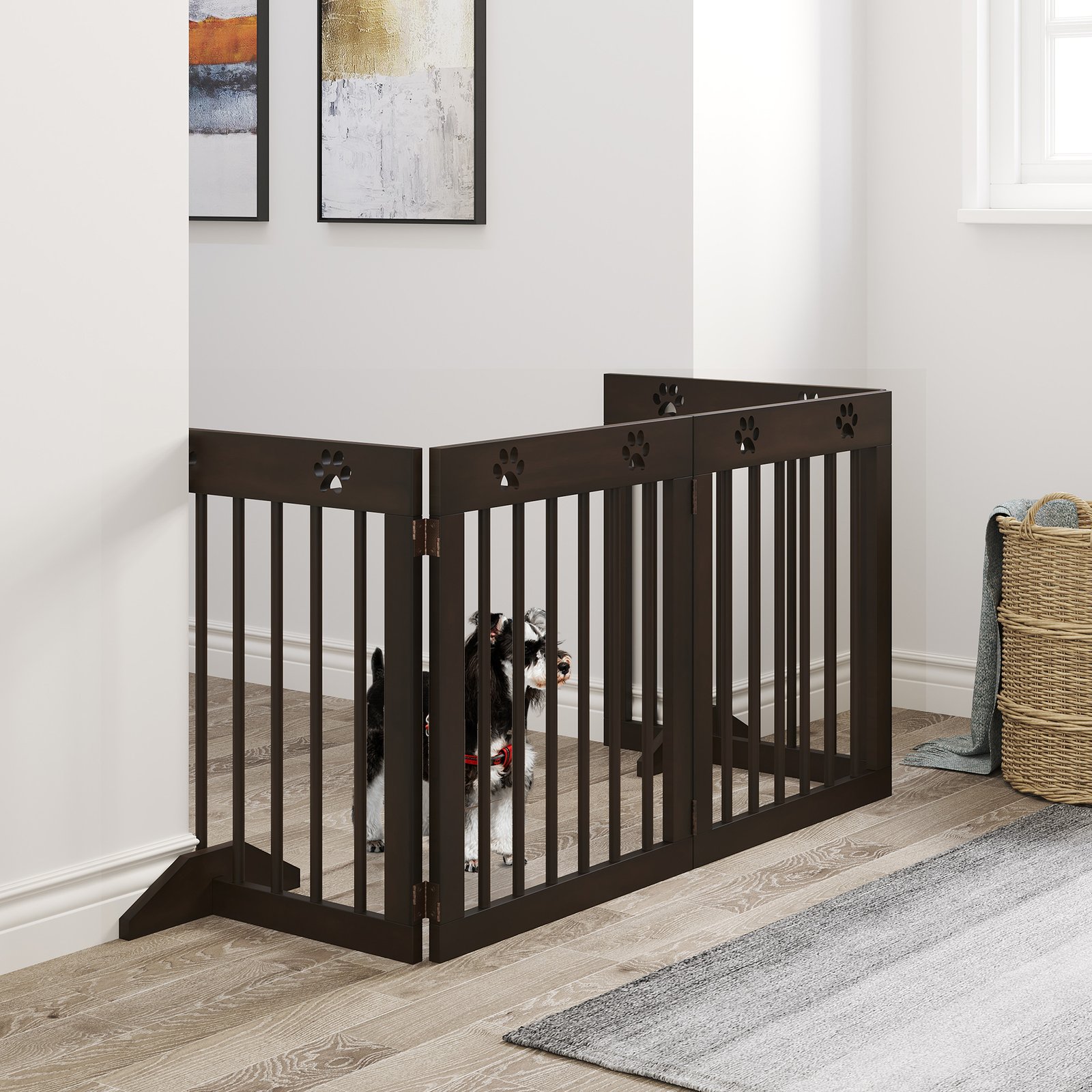 PawHut Freestanding Pet Gate 4 Panel Wooden Dog Barrier Folding Safety Fence with Support Feet up to 204cm Long 61cm Tall for Doorway Stairs Brown - Image 2
