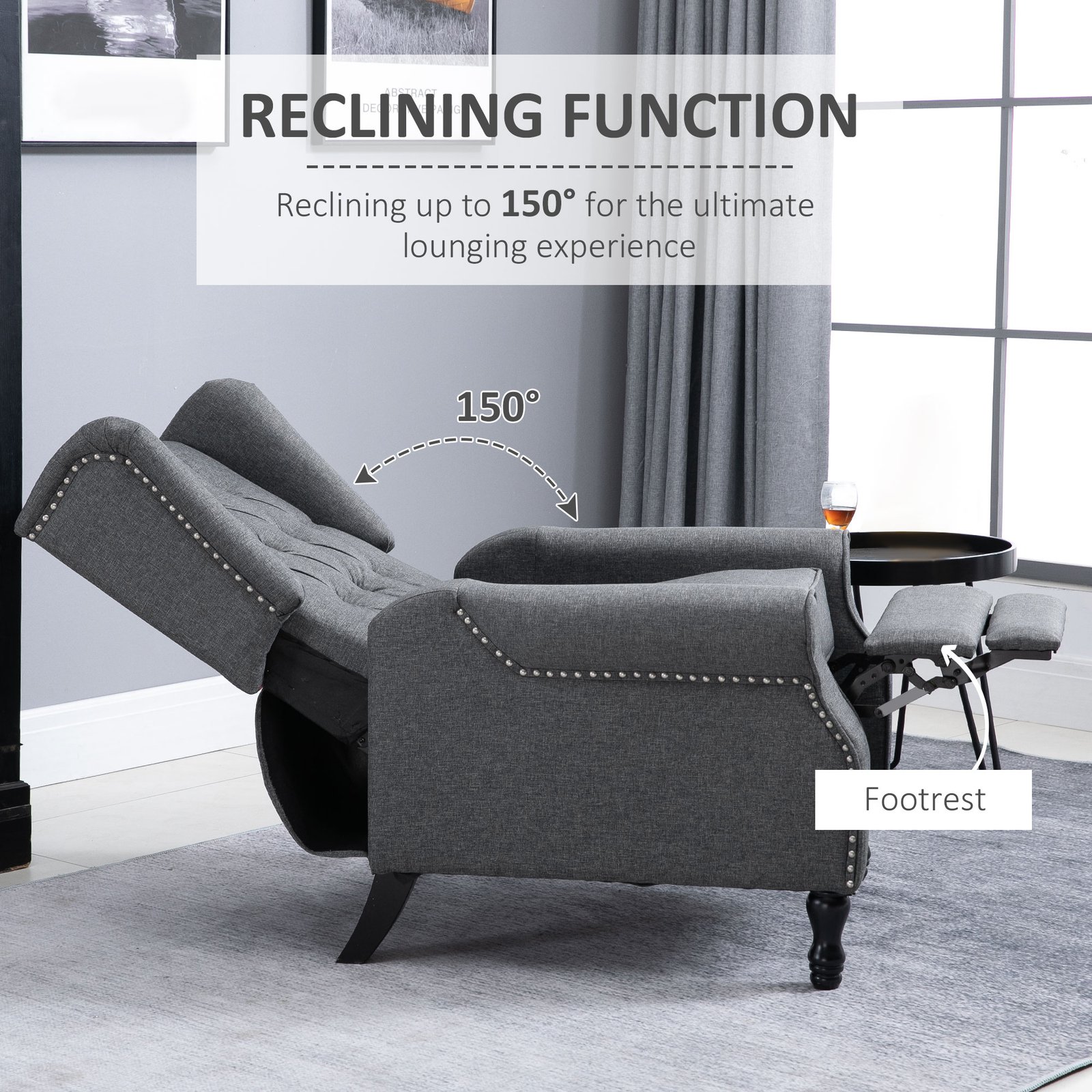 HOMCOM Recliner Armchair, Vintage Reclining Chair with Nail Head Trim, Wingback Chair with Button Tufted Back and Footrest, for Living Room, Grey - Image 4
