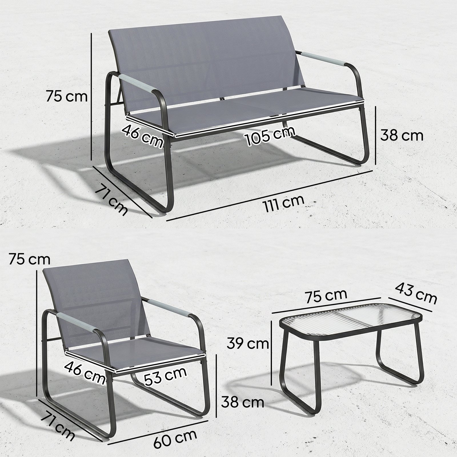 Outsunny 4 Piece Garden Furniture Set, Garden Sofa Set with Loveseat, 2 Armchairs, Tempered Glass Table for Balcony, Grey - Image 3