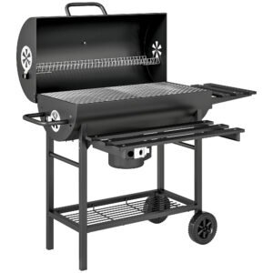 Outsunny Charcoal BBQ Grill with Foldable Front Side Shelf, Portable Barbecue Smoker with Warming Rack, Bottom Shelf, Lid, Temperature Gauge, Wheels for Outdoor Cooking Garden Party, Black Outsunny Charcoal BBQ Grill with Foldable Front Side Shelf, Portable Barbecue Smoker with Warming Rack, Bottom Shelf, Lid, Temperature Gauge, Wheels for Outdoor Cooking Garden Party, Black