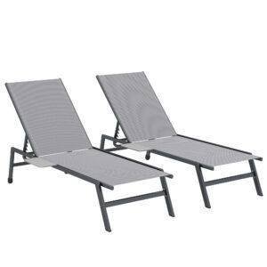Outsunny Sun Loungers Set of 2 with Side Tray Table, Garden Recliners with 5-Position Adjustable Backrest, 2 Wheels, Grey