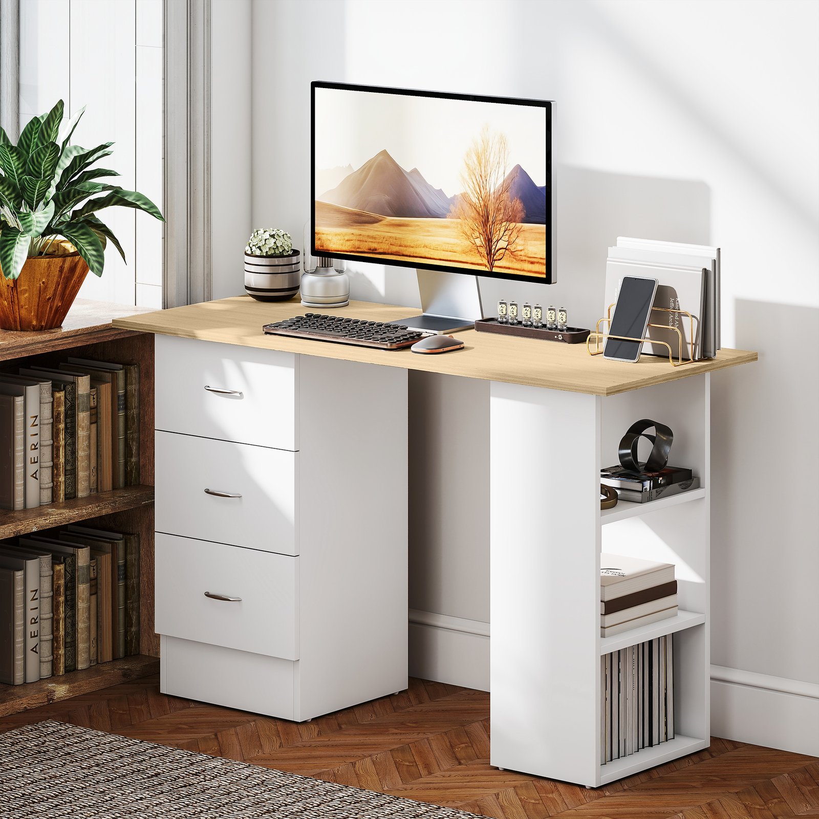 HOMCOM Computer Desk with Drawers, Home Office Desk, Writing Table, PC Workstation with 3 Storage Shelves for Working, Study, 120 x 49 x 72 cm, Natural Wood Finish and White - Image 2