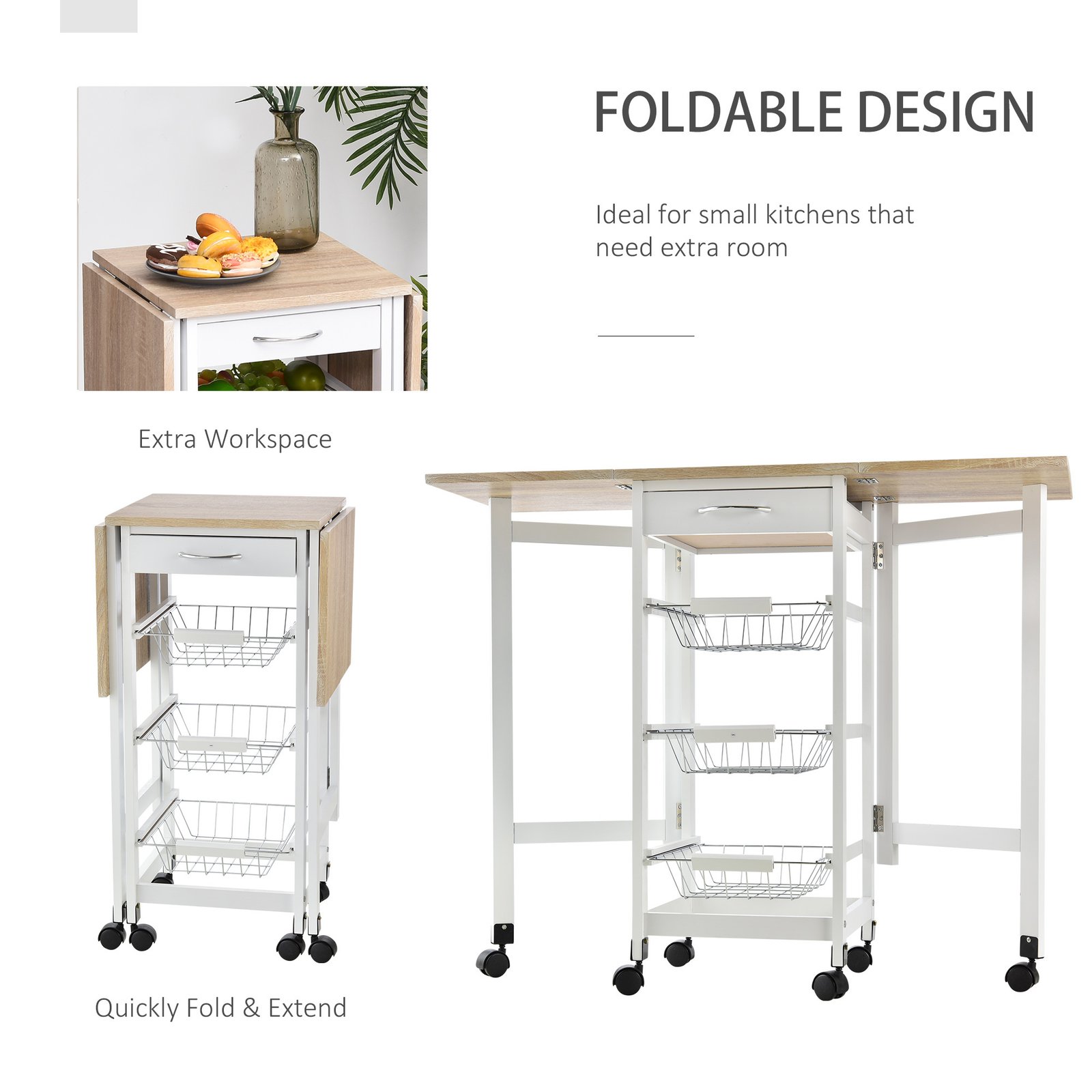 HOMCOM Drop-Leaf Kitchen Cart Trolley w/ 3 Baskets Drawer Surface Top 6 Universal Wheels Rolling Storage Unit Kitchen Home Dining Island White Oak Tone - Image 4