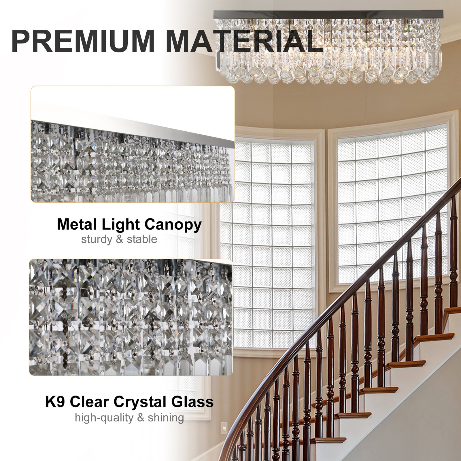 HOMCOM Modern Crystal Ceiling Light Square Crystal Chandelier for Living Room, Dining Room, Hall, 5 x E14 Lamp Holders, Silver, 80 x 25 x 23cm - Image 4