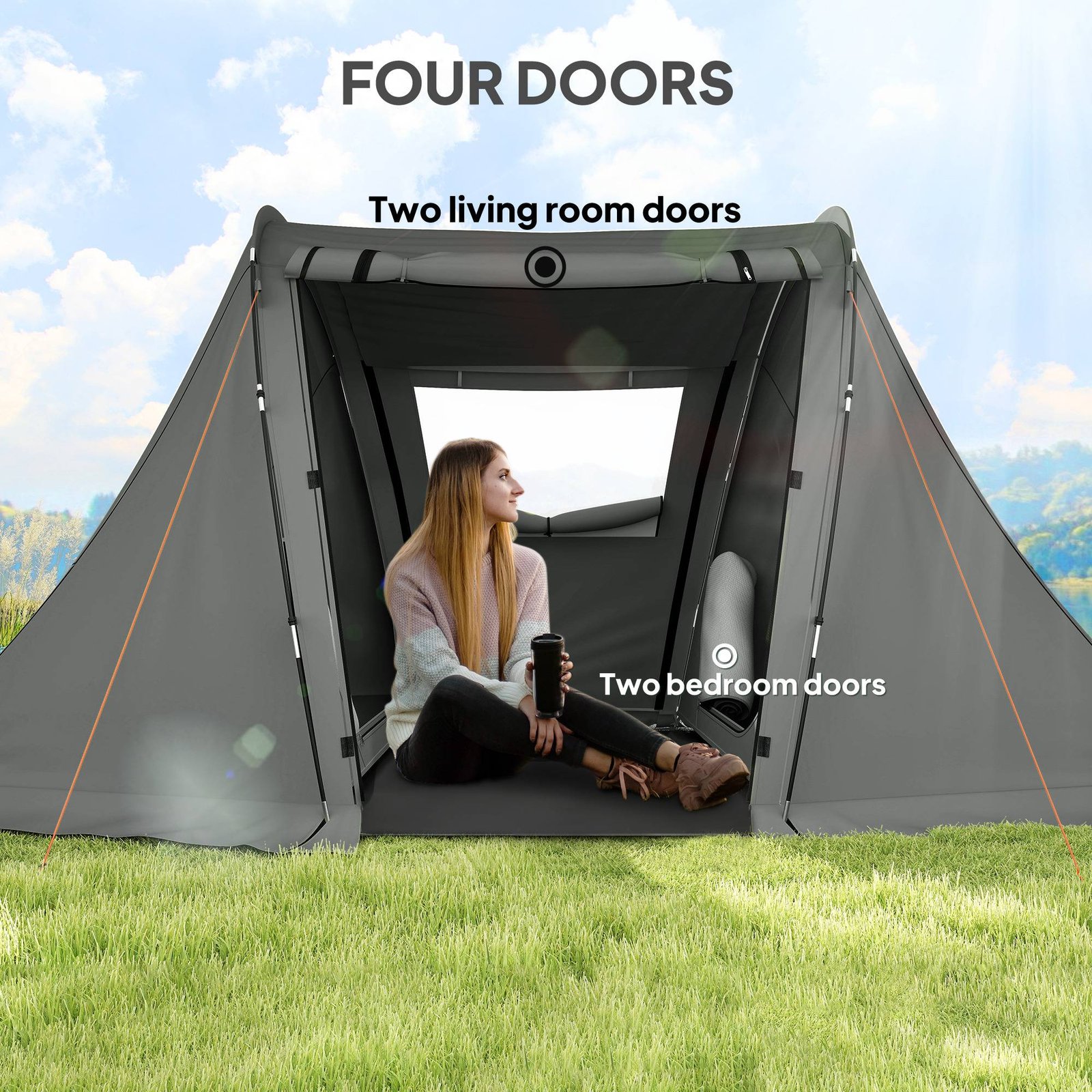 Outsunny 3 Man Camping Tent with Living Area and 2 Bedrooms, 3000mm Waterproof Family Tent with Sewn-in Groundsheet and bag, Portable Dome Shelter for Hiking, Festival, Backpacking, Drak Grey - Image 5