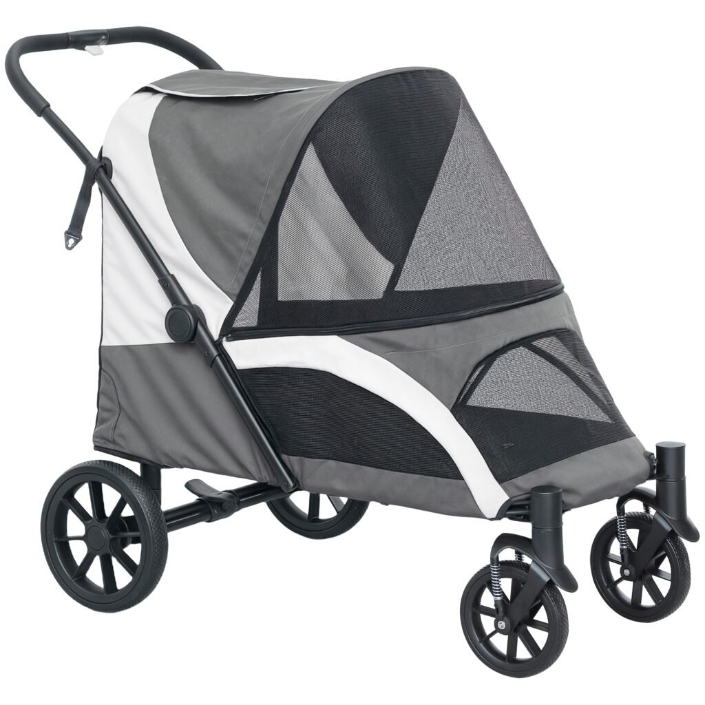 PawHut Foldable Pet Stroller for Medium Dogs with 4 Big Wheels, Shock-Absorbing Frame, Safety Leashes, Brakes, Dark Grey