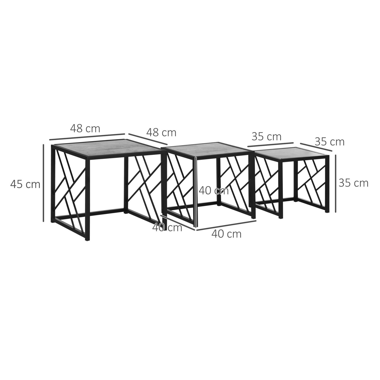 HOMCOM Nesting Coffee Tables, Set of 3 Square Side Tables with Black Metal Frame, for Living Room, Bedroom and Office, Grey - Image 3