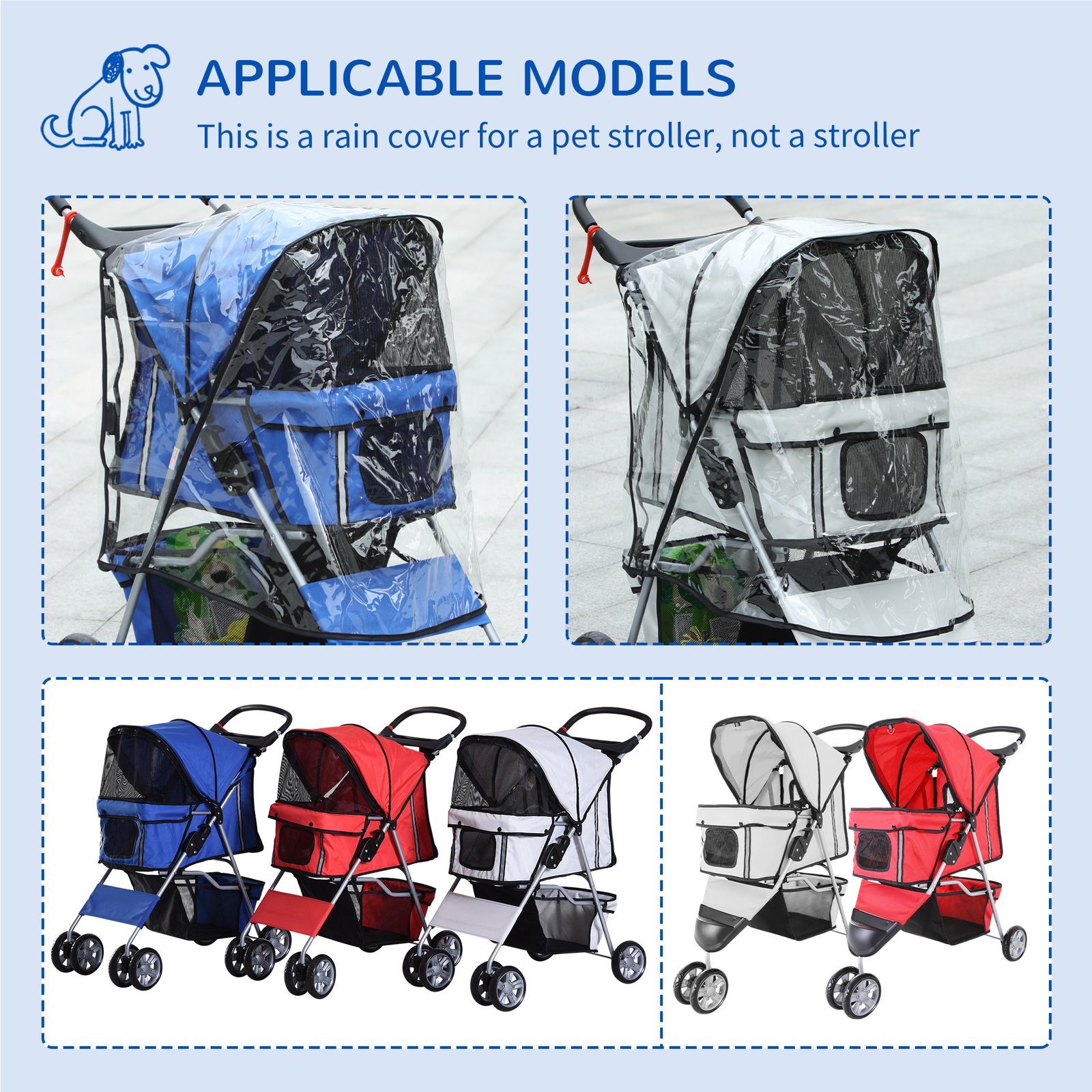 PawHut Dog Stroller with Rain Cover for Small Miniature Dogs, Folding Pet Pram with Cup Holder, Storage Basket, Reflective Strips, Blue - Image 8