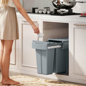HOMCOM 2 Removable Recycling, ContaineUnder-Sink Kitchen Trash Bin, Smooth Slide, Handle, Diamond Pattern Lid, Grey