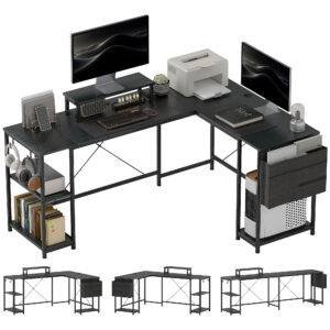 HOMCOM 168cm Reversible L Shaped Desk, Industrial Corner Computer Desk with Adjustable Shelf and Storage Bag, 240cm 2 Person PC Table with Monitor Stand, Black