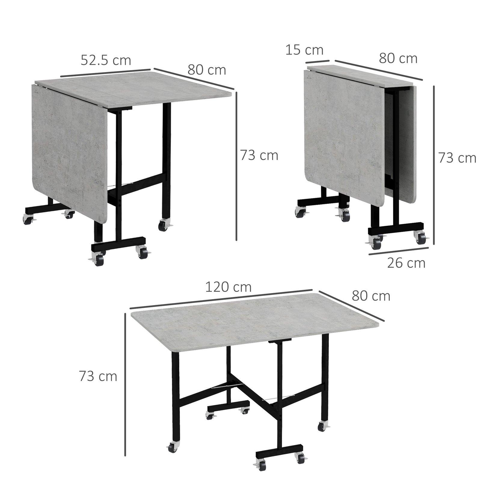 HOMCOM Mobile Drop Leaf Table, Folding Dining Table with 6 Wheels & Brakes, Kitchen Table for Small Spaces, Grey Marble Effect - Image 3