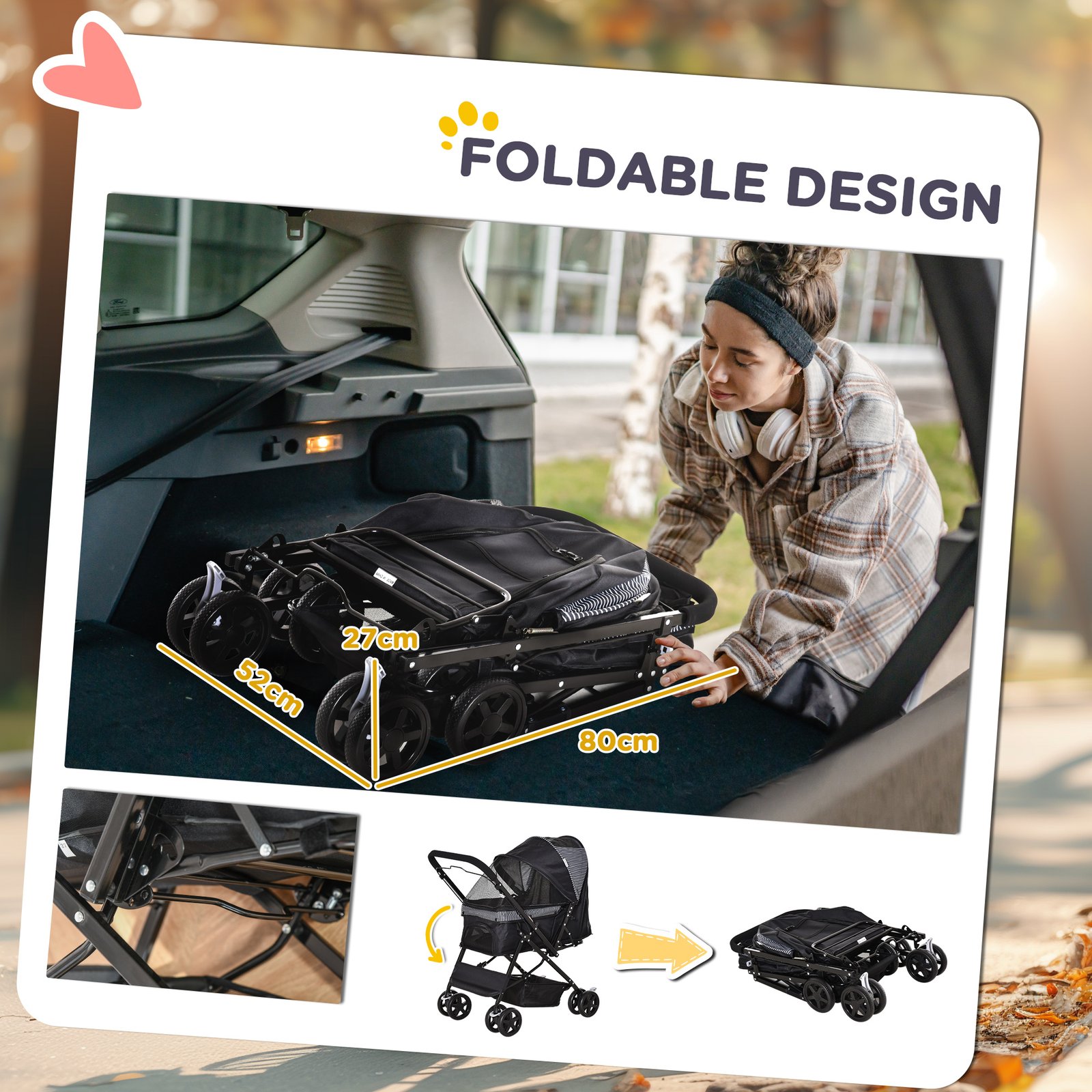 PawHut Pet Stroller Pushchair Foldable Travel Dog Cat Carriage w/ Reversible Handle Brake Basket - Image 5