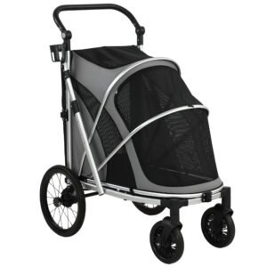 PawHut Dog Stroller, Easy Folding Pet Stroller for Small and Medium Dogs with Shock Absorption, Maximum Load 20 kg, Grey