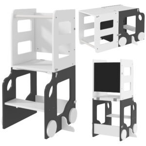 AIYAPLAY Toddler Step Stool, 4 in 1 Standing Tower, Foldable Toddler Step with Safety Rail, for Kitchen, Bathroom, Grey