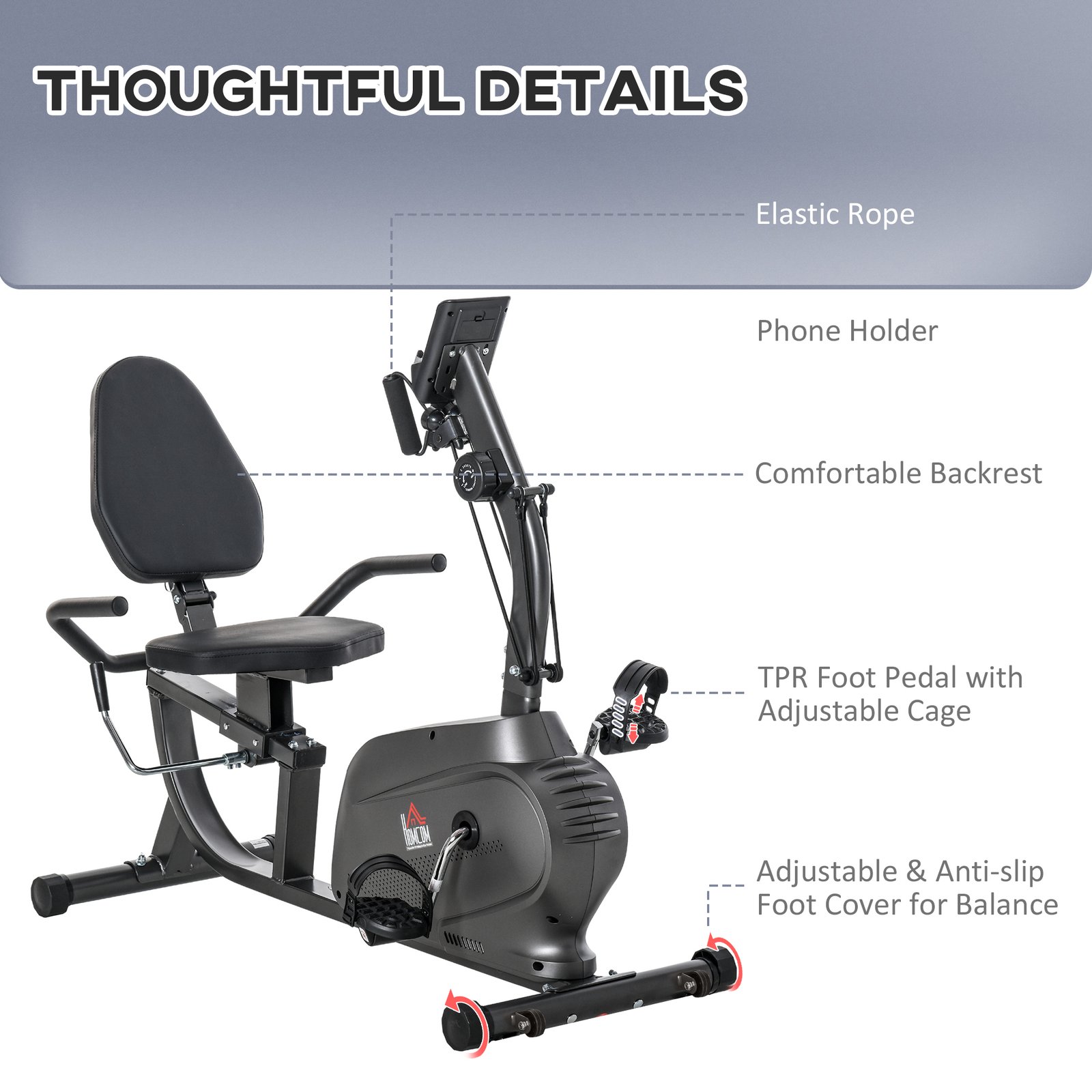 HOMCOM Recumbent Seated Exercise Bike, Recovery Rehab Exercise Bike Home Exerciser, 8-Level Magnetic Resistance Stationary Bike with Pad Holder, LCD Monitor, Wheels for Indoor Cardio Workout, Black - Image 7