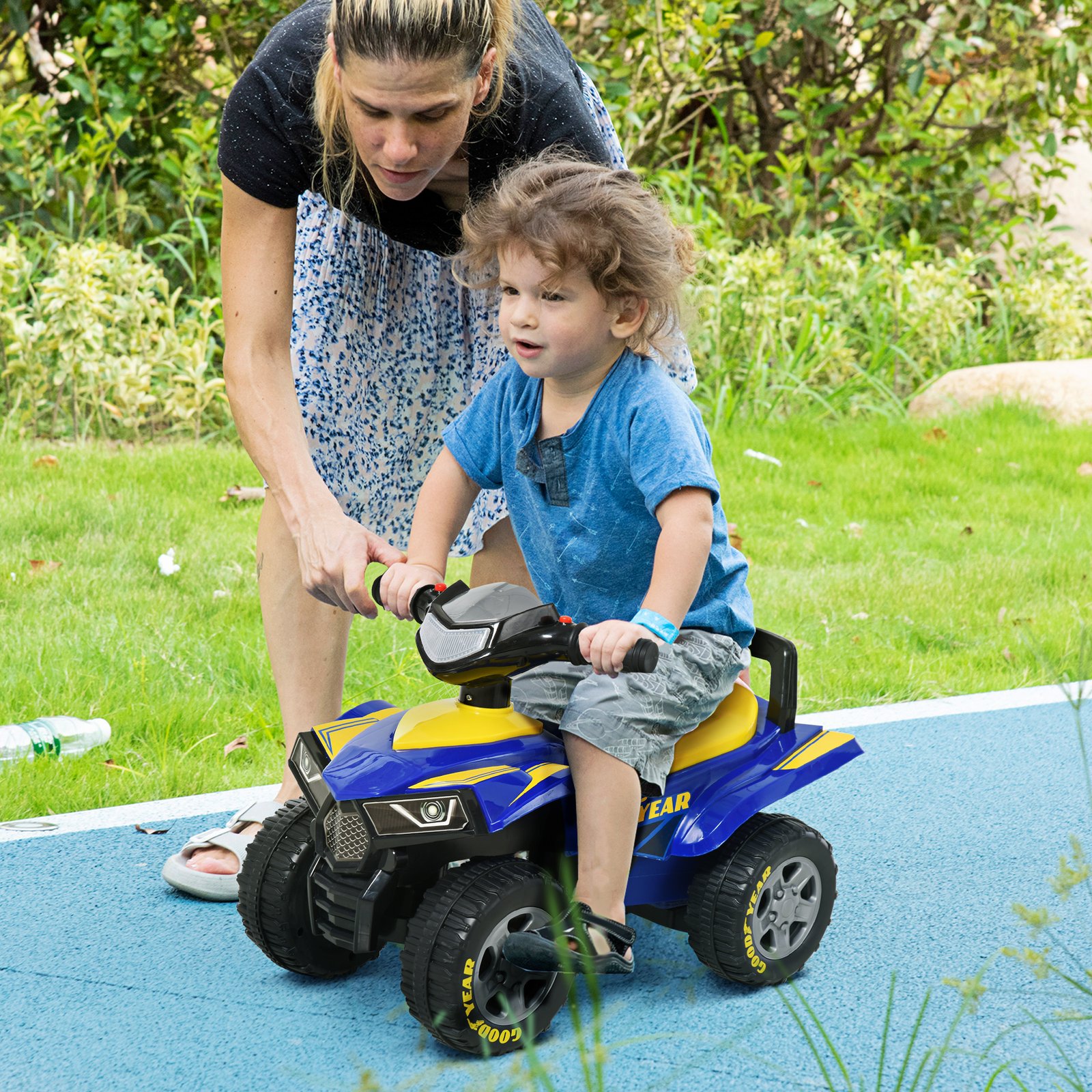 HOMCOM Baby Quad Bike Kids Ride On Car Goodyear Licensed Walker Foot To Floor Slider NO POWER w/ Lights Horn Storage Blue for 18-36 Months - Image 2